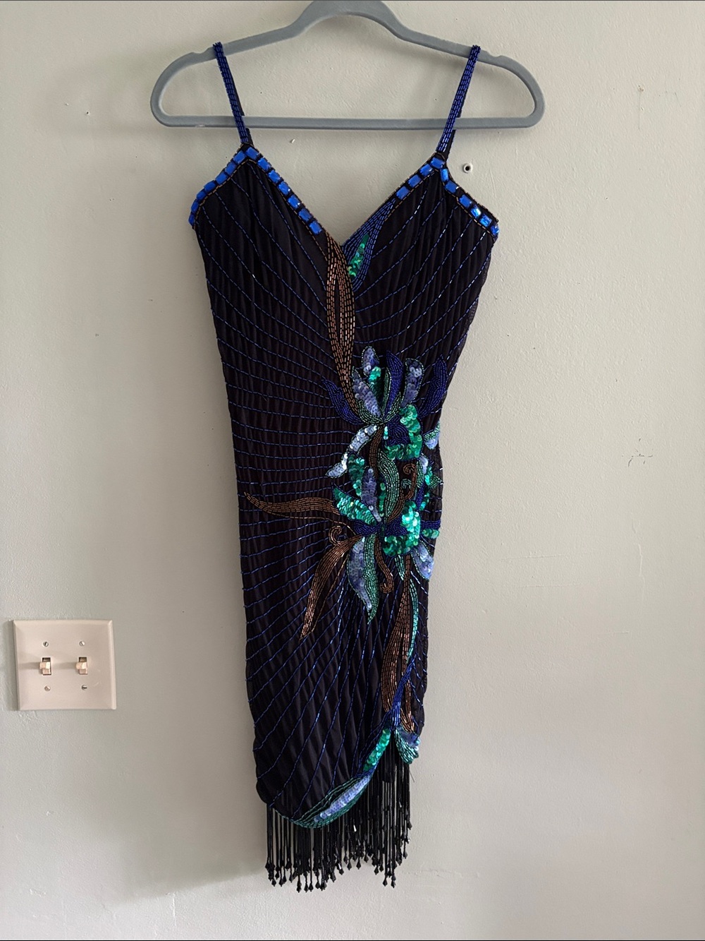 Vintage Eletra Casadei Beaded Sequins Black Blue Green Mini Dress